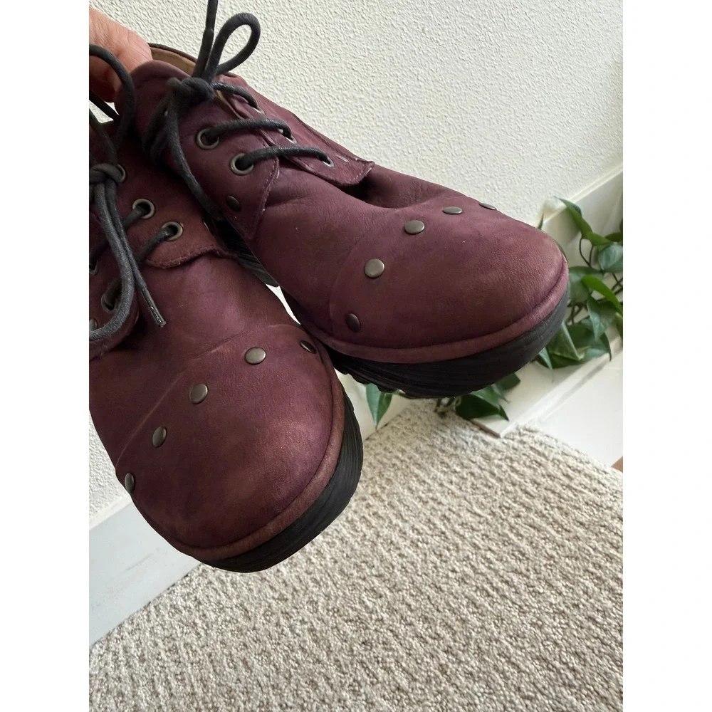 Fly London Yoti Plum Nubuck Studded Wedge Oxfords 38 US 7.5-8 Artisan